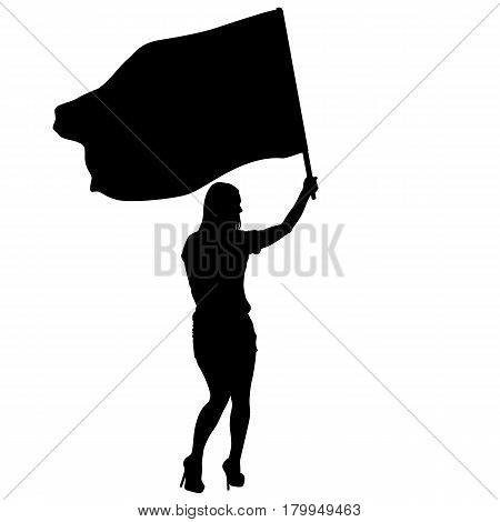 Black silhouettes of woman with flags on white background.