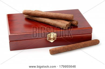 Cigars and humidor isolated on white