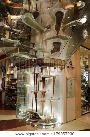World's Largest Chocolate Fountain by Jean-Philippe Patisserie at Bellagio hotel in Las Vegas, NV, USA on March 30, 2017.