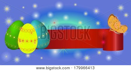 Set ribbon banner for Happy Easter. Ribbon banner with eggs and butterfly. Vector illustration.