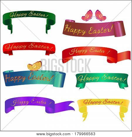 Set ribbon banner for Easter. Ribbon banner with butterfly. Vector ribbon banner.