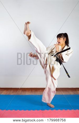 Woman demonstrate martial arts working together. Fighting position active lifestyle practicing fighting techniques