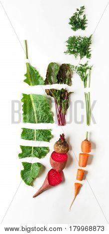 Healthy organic food. Raw cut vegetables, ingredients for borsh on white isolated studio background, top view, flat lay, object