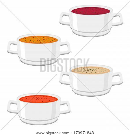 Vector illustration of logo for the ceramic bowl wide plate is filled with various homemade soups with noodles mushrooms vegetables.