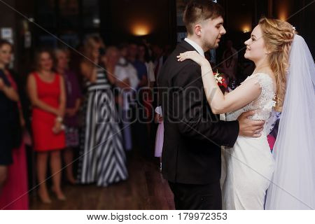 Romantic Bride And Groom Dancing And Holding Hands At Wedding Reception In Restaurante, Newlywed Cou