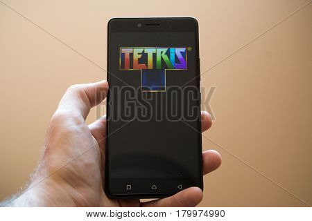Nitra, Slovakia, March 24, 2017: Tetris application logo on smartphone