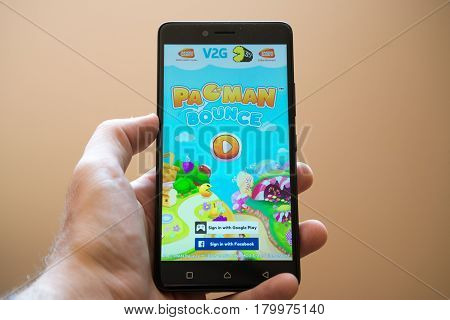 Nitra, Slovakia, March 24, 2017: Pacman bounce application logo on smartphone