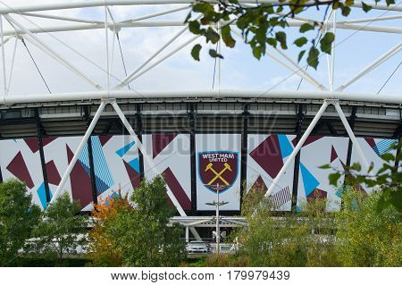 London England - October 17, 2016;  Olympic Stadium now West Ham United Football closeup with club logo home statium
