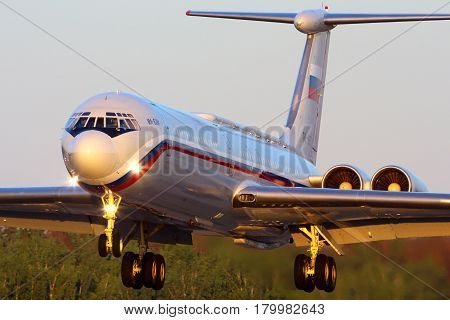 CHKALOVSKY, MOSCOW REGION, RUSSIA - JULY 18, 2013: Ilyushin IL-62M RA-86572 of Russian Air Force landing at Chkalovsky.