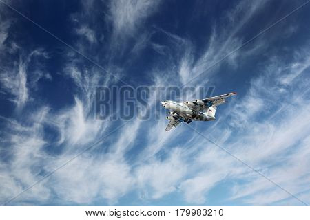 SHEREMETYEVO, MOSCOW REGION, RUSSIA - FEBRUARY 10, 2013: Ilyushin IL-76 landing at Sheremetyevo international airport, Moscow region, Russia.