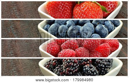 Mix of strawberries, blueberries, blackberries and raspberries fruit on wood table. Forest fruit in white idaeus. Delicious fresh berries.