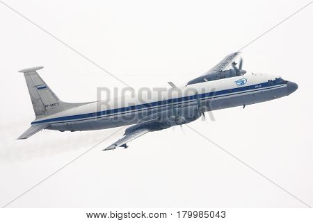 CHKALOVSKY, MOSCOW REGION, RUSSIA - MARCH 10, 2015: Ilyushin IL-22M of Russian Air Force making turn at Chkalovsky.
