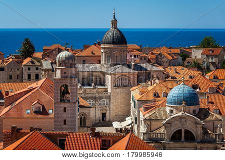 Aerial View of Luza Square Saint Blaise Church and Assumption Cathedral from the City Walls Dubrovnik Croatia