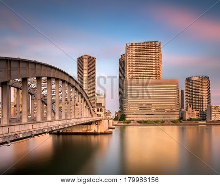Kachidoki Bridge and Sumida River at Sunset Tokyo Japan