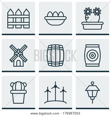 Set Of 9 Plant Icons. Includes Floweret, Lantern, Fertilizer And Other Symbols. Beautiful Design Elements.