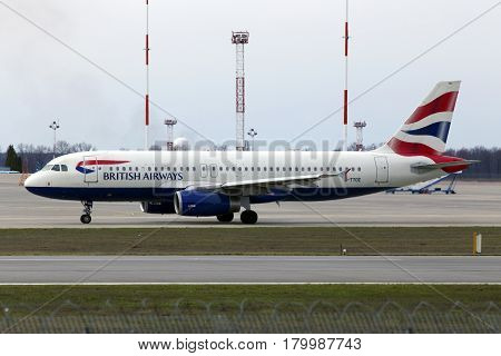 Borispol, Ukraine - March 25, 2017: British Airways Airbus A320-200 A320-200 aircraft running on the runway of Borispol International Airport on March 25, 2017. Editorial use only