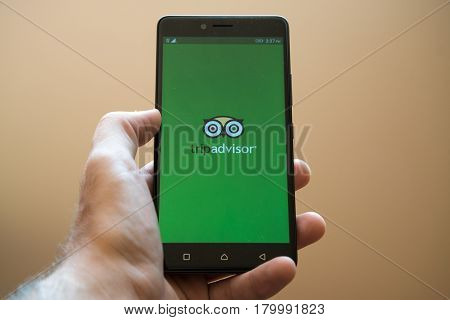 Nitra, Slovakia, March 24, 2017: Tripadvisor application logo on smartphone