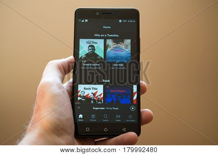 Nitra, Slovakia, March 24, 2017: Spotify application logo on smartphone