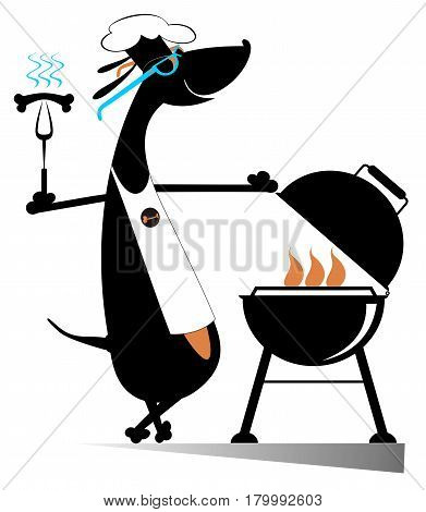 Comic dog frying sausages and steaks on the grill