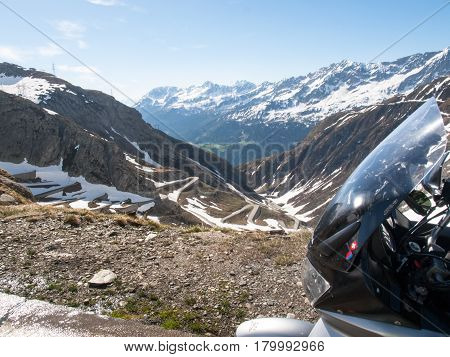 Gotthardpass Switzerland: view of the valley of Tremola. The pass is still a lot of snow in the winter
