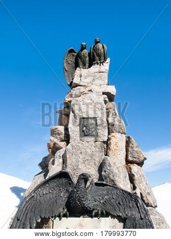 Gotthardpass Switzerland - May 14 2015: Statue to the Gotthard pass. The pass is still a lot of snow in the winter