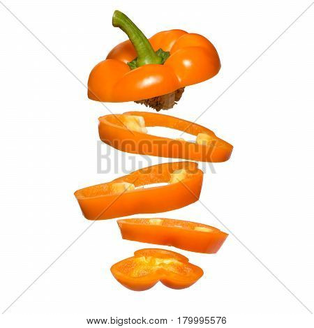 Flying yellow paprika. Sliced floating pepper isolated. Levity vegetable. Capsicum.