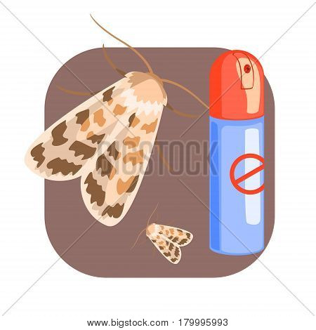 Can of moth insecticide. Pest control service, detecting exterminating insects. Colorful cartoon illustration