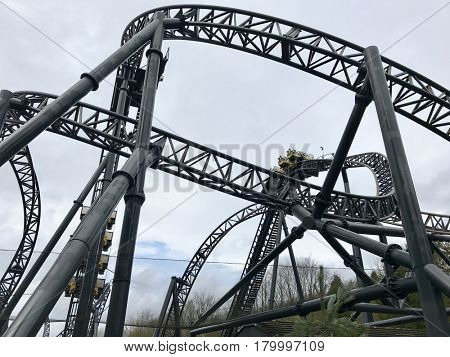 ALTON TOWERS - MARCH 30, 2017: The Smiler at Alton Towers Theme Park in Staffordshire, England, UK.