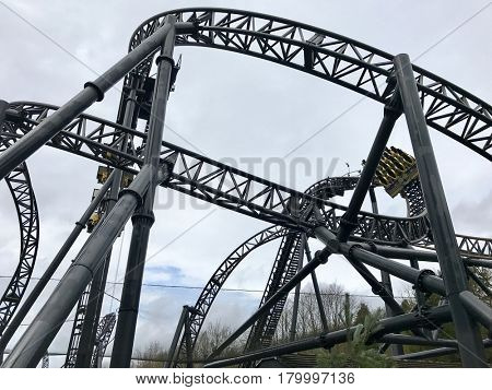 ALTON TOWERS - MARCH 30, 2017: The Smiler at Alton Towers Theme Park in Staffordshire, England, UK.