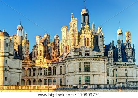 The royal Chateau de Chambord, France. This castle is located in the Loire Valley, was built in the 16th century and is one of the most recognizable chateaux in the world.