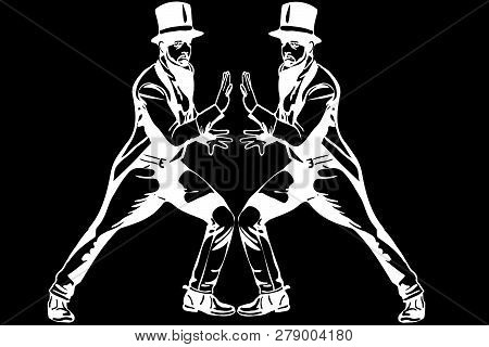 Black And White Vector Sketch Of A Magician In A Cylinder Making Passes With His Hands