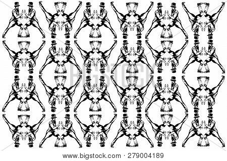 Black And White Vector Sketch Of A Magician In A Cylinder Making Passes With His Hands