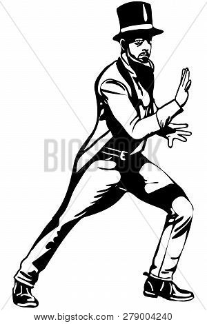 Black And White Vector Sketch Of A Magician In A Cylinder Making Passes With His Hands