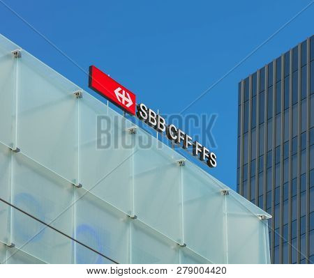 St. Gallen, Switzerland - September 19, 2018: The Sign Of The Swiss Federal Railways On The Top Of T