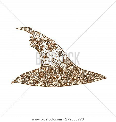Decorative Brown Line Magic Hat In Zentangle Style