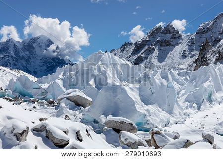 Close Up Of Khumbu Glacier In Everest Base Camp, Himalayas, Nepal. Interesting Photo.