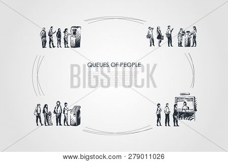 Queues Of People - People In Line Waiting For Their Turn For Atm, Paying Terminal And For Boarding V