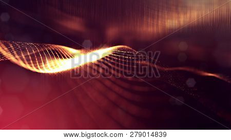 Particles Form Line And Surface Grid. 3d Rendering. Science Fiction Golden Background Of Glowing Par