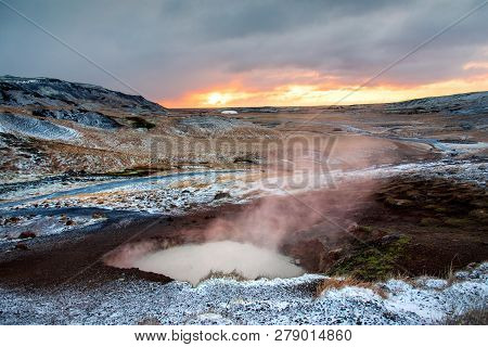 Sunrise At Thermal Hot Springs Near Reykjadalur In Iceland