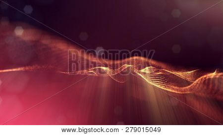 Particles Form Line And Surface Grid. 3d Rendering. Science Fiction Golden Background Of Glowing Par
