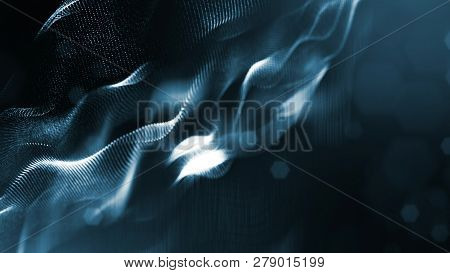Particles Form Line And Surface Grid. 3d Rendering. Science Fiction Background Of Glowing Particles 