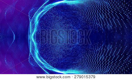 Particles Form Line And Surface Grid. 3d Rendering. Science Fiction Background Of Glowing Particles 