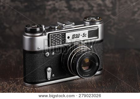 Moscow, Russia, January 17, 2019. The Old Soviet Rangefinder Camera Fed-5c, Released 1987 On A Brown