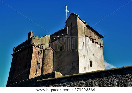 An Exterior View Of A History Medieval Castle Turret Building In The Town Of Broughty Ferry In Scotl