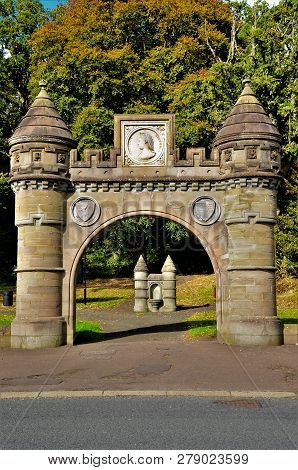 A View Of A Stone Gateway And Well In A Medieval Style In The Town Of Broughty Ferry In Scotland