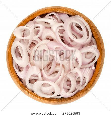 Rings Of Sliced Shallots In Wooden Bowl. Chopped. Type Of Onion And Variety Of Allium Cepa. Purple, 