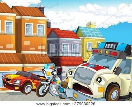 Cartoon Scene With Police Chase Motorcycle Driving Through The City Policeman And Ambulance - Illust