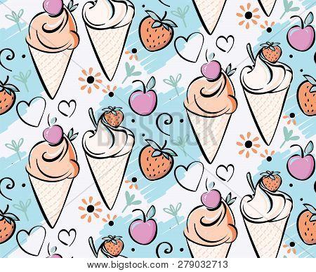 Ice Cream With Strawberry, Cherry. Pink Creame Red, Blue, Black Outline Hand Made Drawing For Kids, 