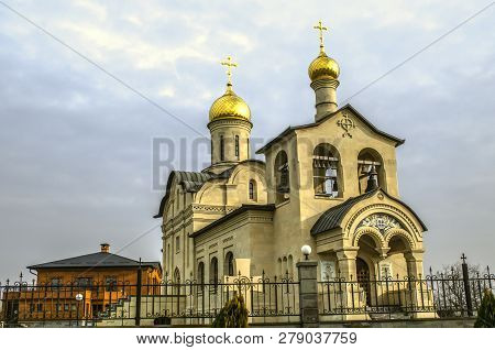 Yerevan,armenia,january 02,2019:church Of White Stone With Golden Domes And Crosses On The Orthodox 