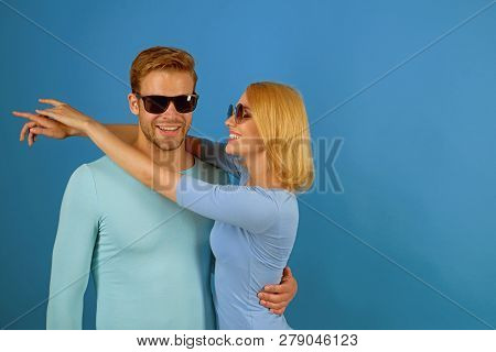 Lovely And Friendly. Friendship Day. Couple In Love. Couple Of Man And Woman Wear Fashion Glasses. F